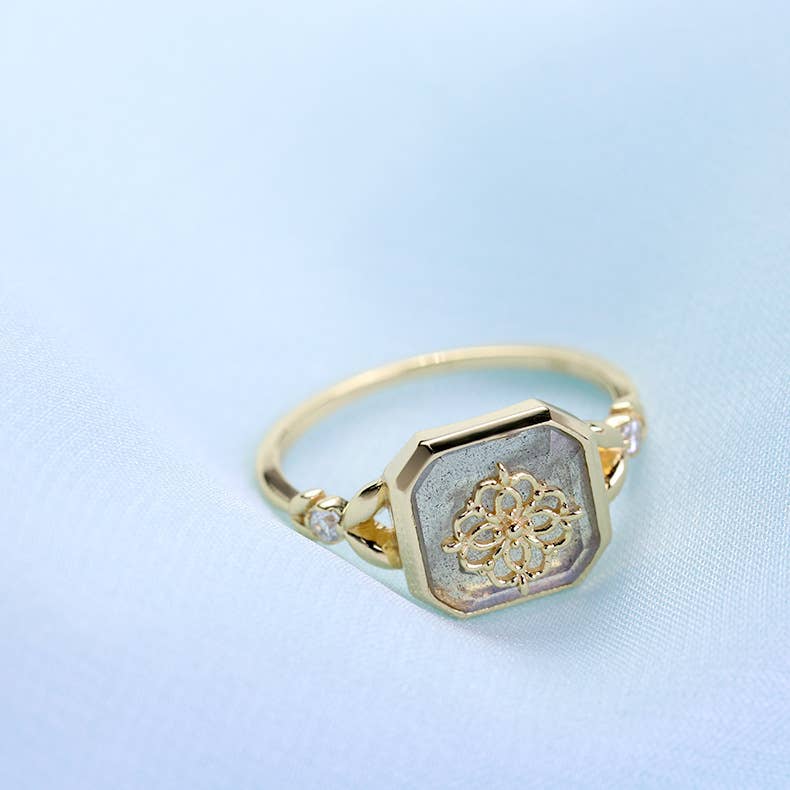 925 Sterling Silver K Gold-plated Gray-blue Labradorite Ring: Ring size N