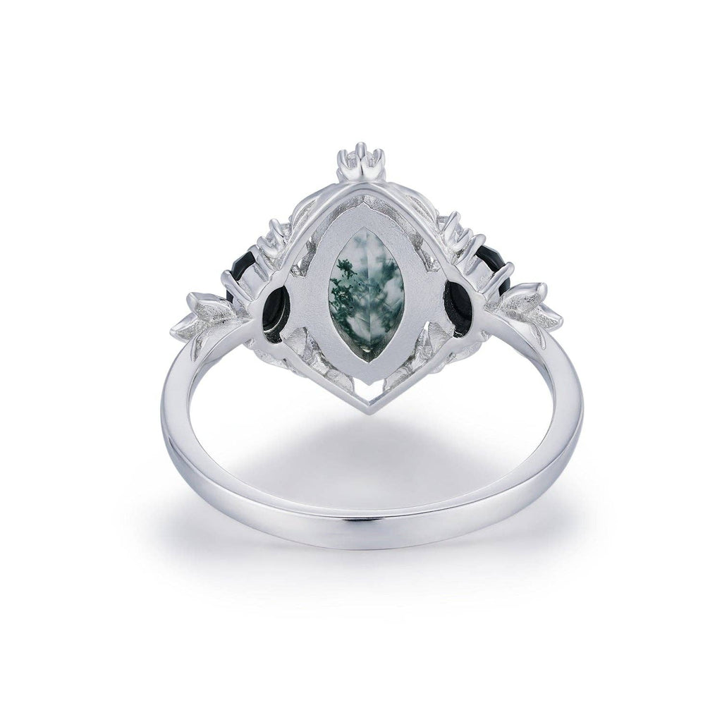 Noctis Moss Agate Black Onyx Ring©: White Gold Vermeil size T1/2