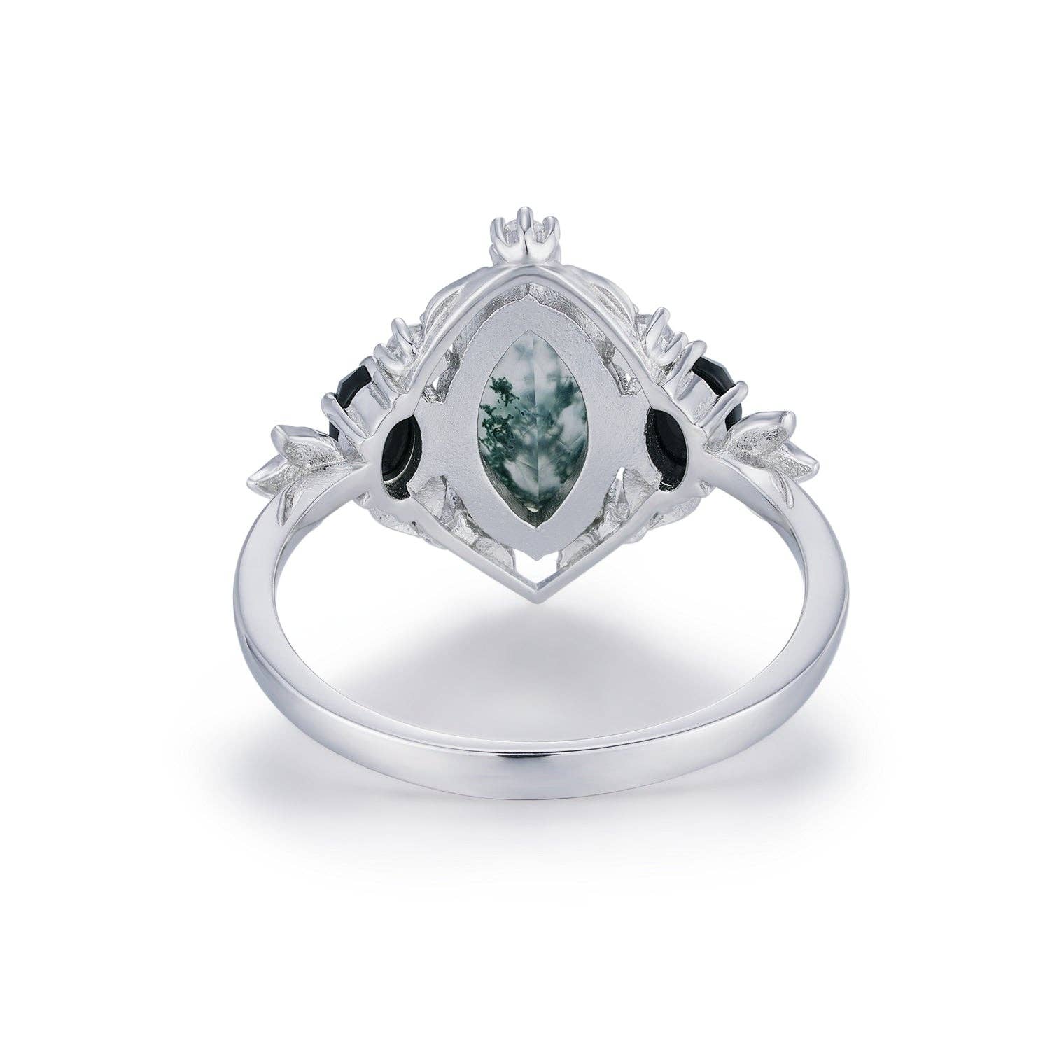 Noctis Moss Agate Black Onyx Ring©: White Gold Vermeil size T1/2
