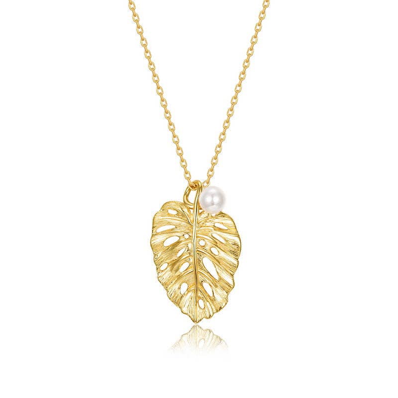 Monstera Leaf Pearl Pendant Necklace in 925 Sterling Silver