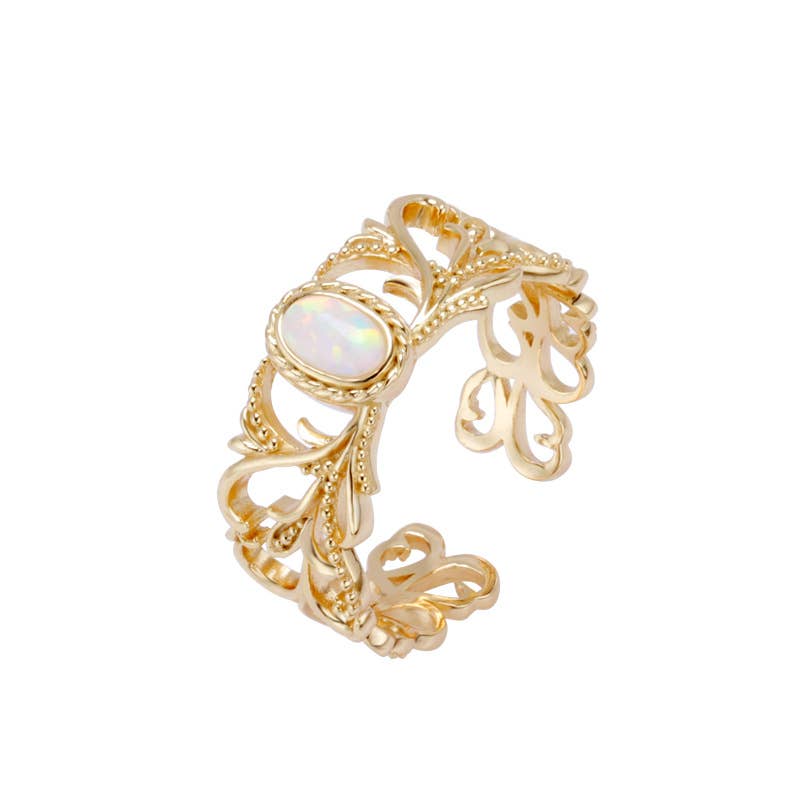 S925 Silver Plated 14K Gold Vintage Vine Opal Gemstone Ring
