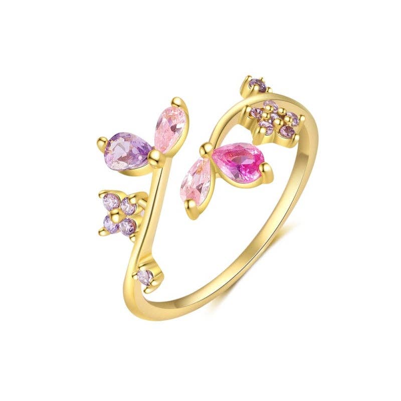 Two-Tone Butterfly Floral Bypass Ring in 925 Sterling Silver size n