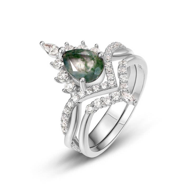 S925 Sterling Silver Water Grass Agate Couple Ring: Silver / size P