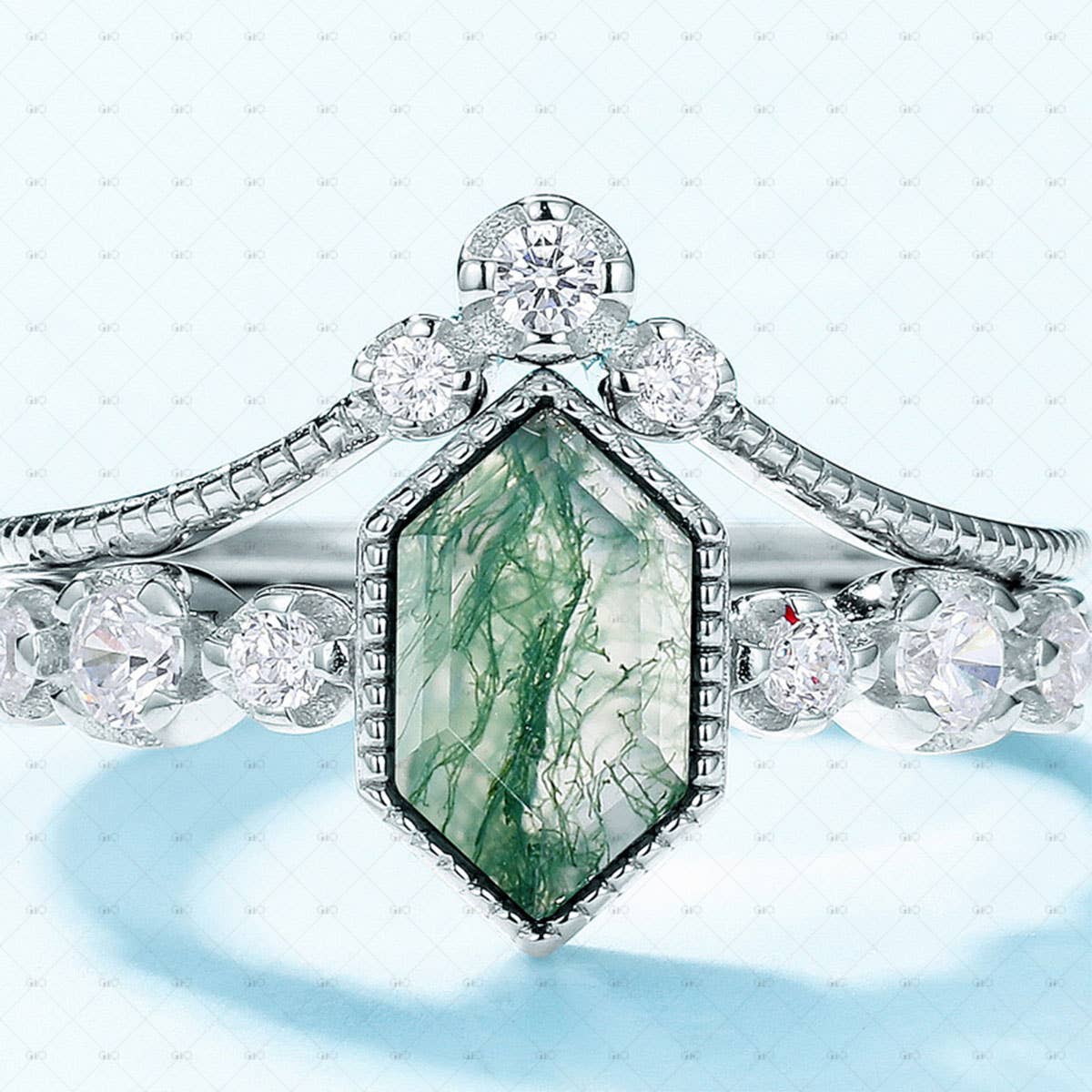 S925 Sterling Silver Hexagonal Moss Agate Stacking Ring: 8 size P