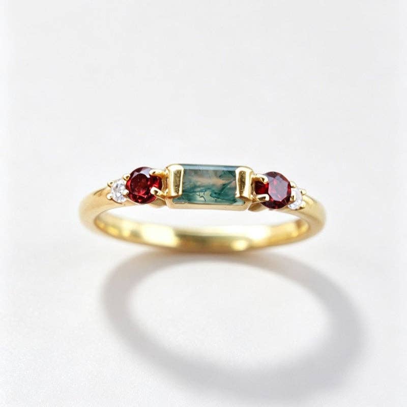 Moss Agate Red Multi-Stone Band Ring in 925 Sterling Silver: size N