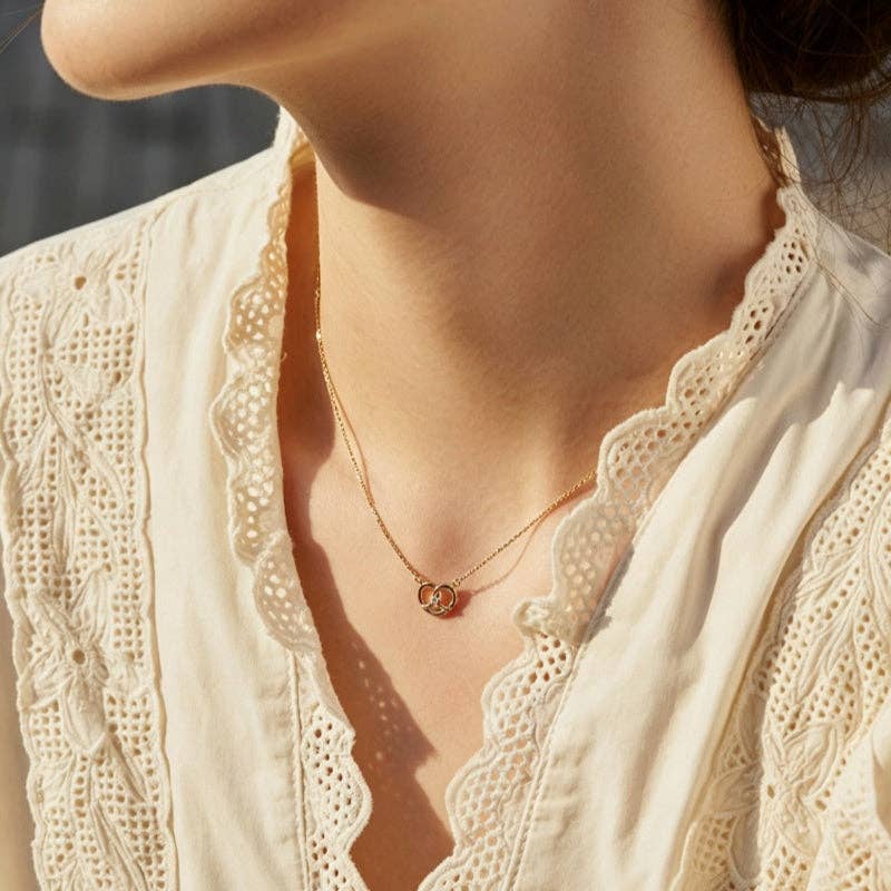 Pretzel Motif Crystal Accent Necklace in 925 Sterling Silver: Gold