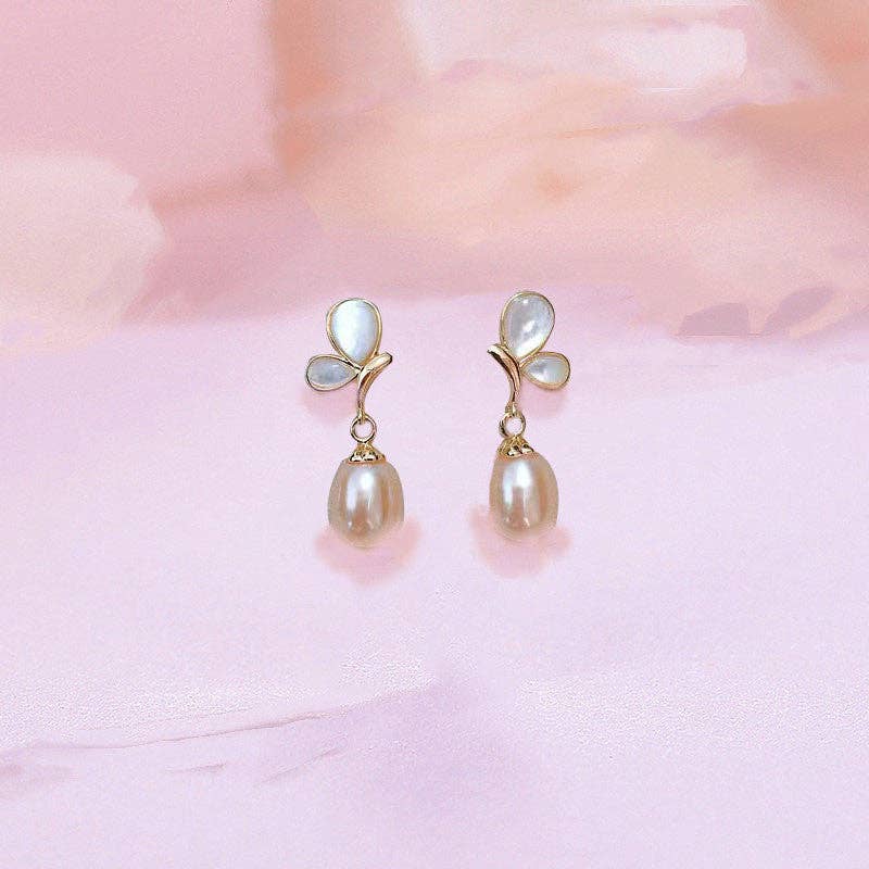 Opal Butterfly Pearl Wedding Earrings in 925 Sterling Silver: Pink