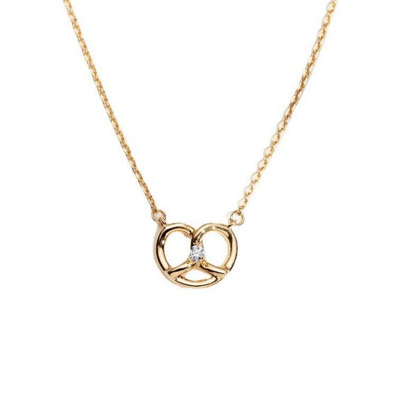Pretzel Motif Crystal Accent Necklace in 925 Sterling Silver: Gold