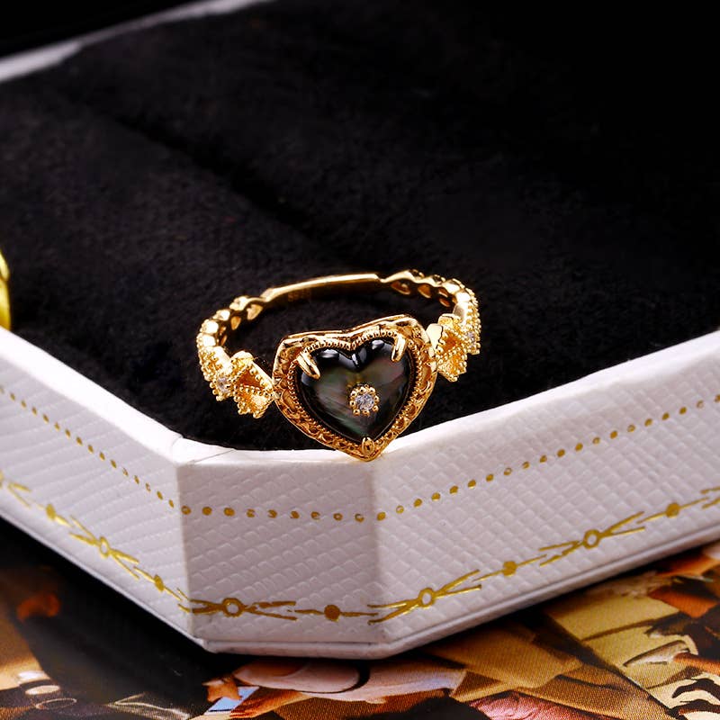 925 Sterling Silver Vintage Black Mother-of-pearl Heart Ring size P