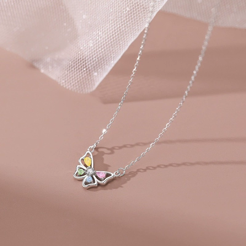 Color CZ Butterfly Pendent Necklace in 925 Sterling Silver: Silver / Sterling silver