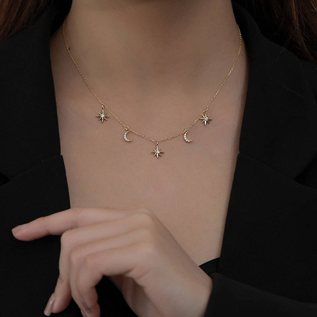 S925 Sterling Silver Gold Star and Moon Necklace: Yellow Gold