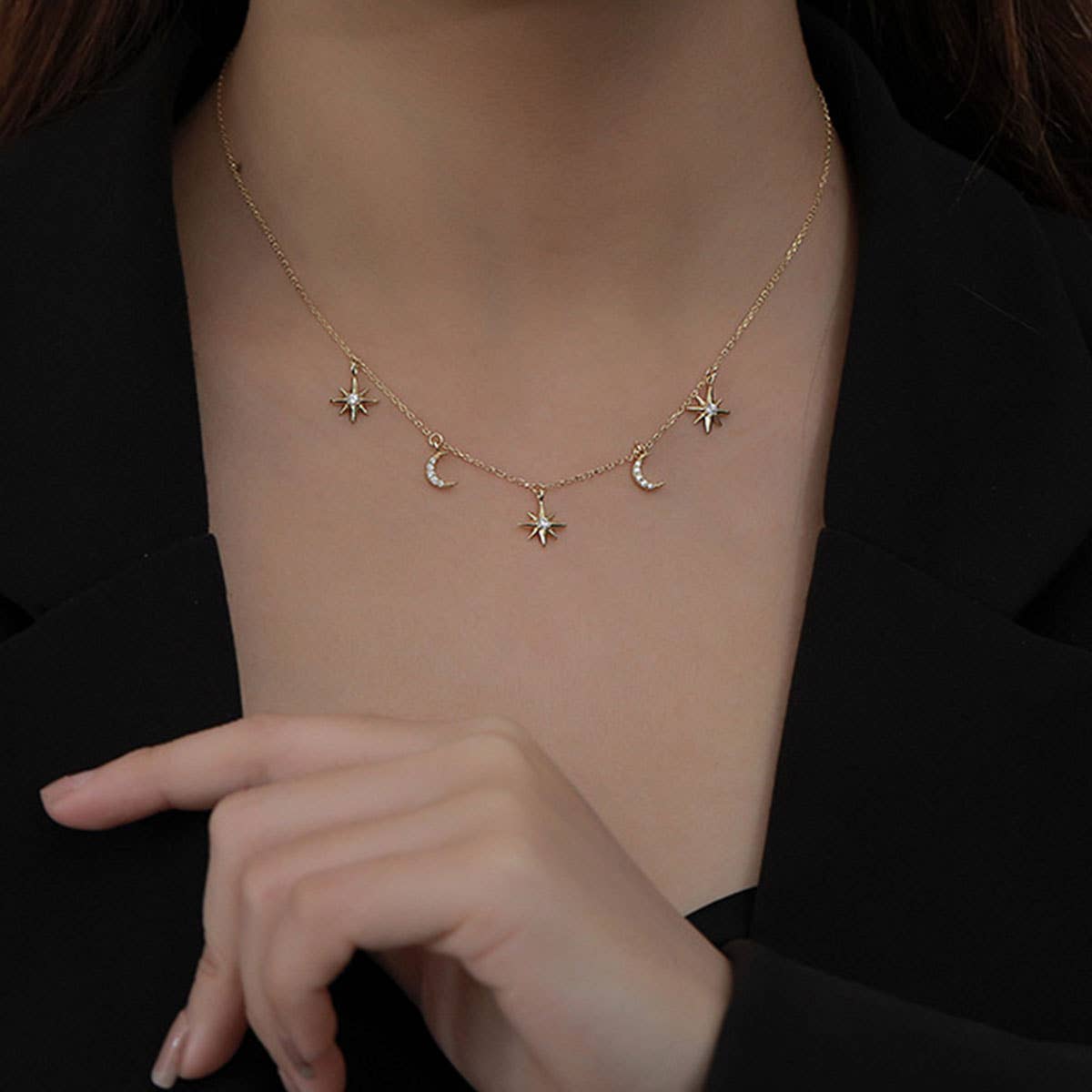 S925 Sterling Silver Gold Star and Moon Necklace: Yellow Gold