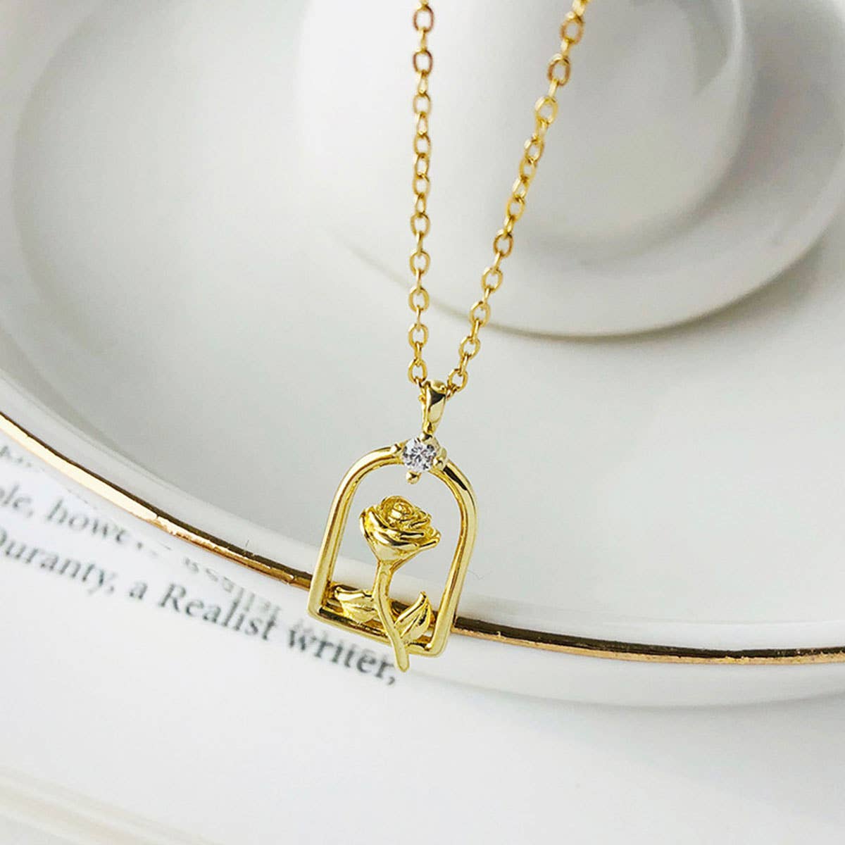 S925 Sterling Silver Rose Zircon Necklace