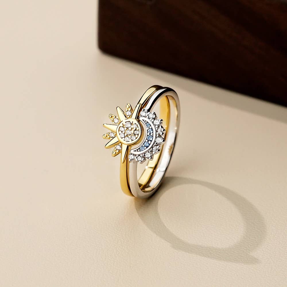 S925 Sterling Silver Micro-Diamond Sun and Moon Couple Ring: Yellow Gold  size N