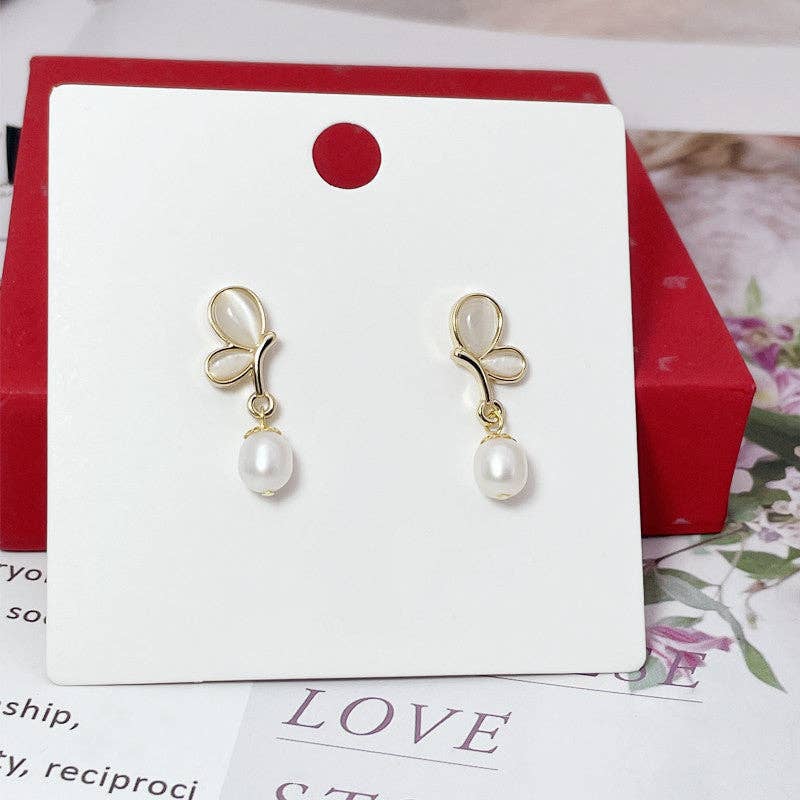 Opal Butterfly Pearl Wedding Earrings in 925 Sterling Silver: Pink