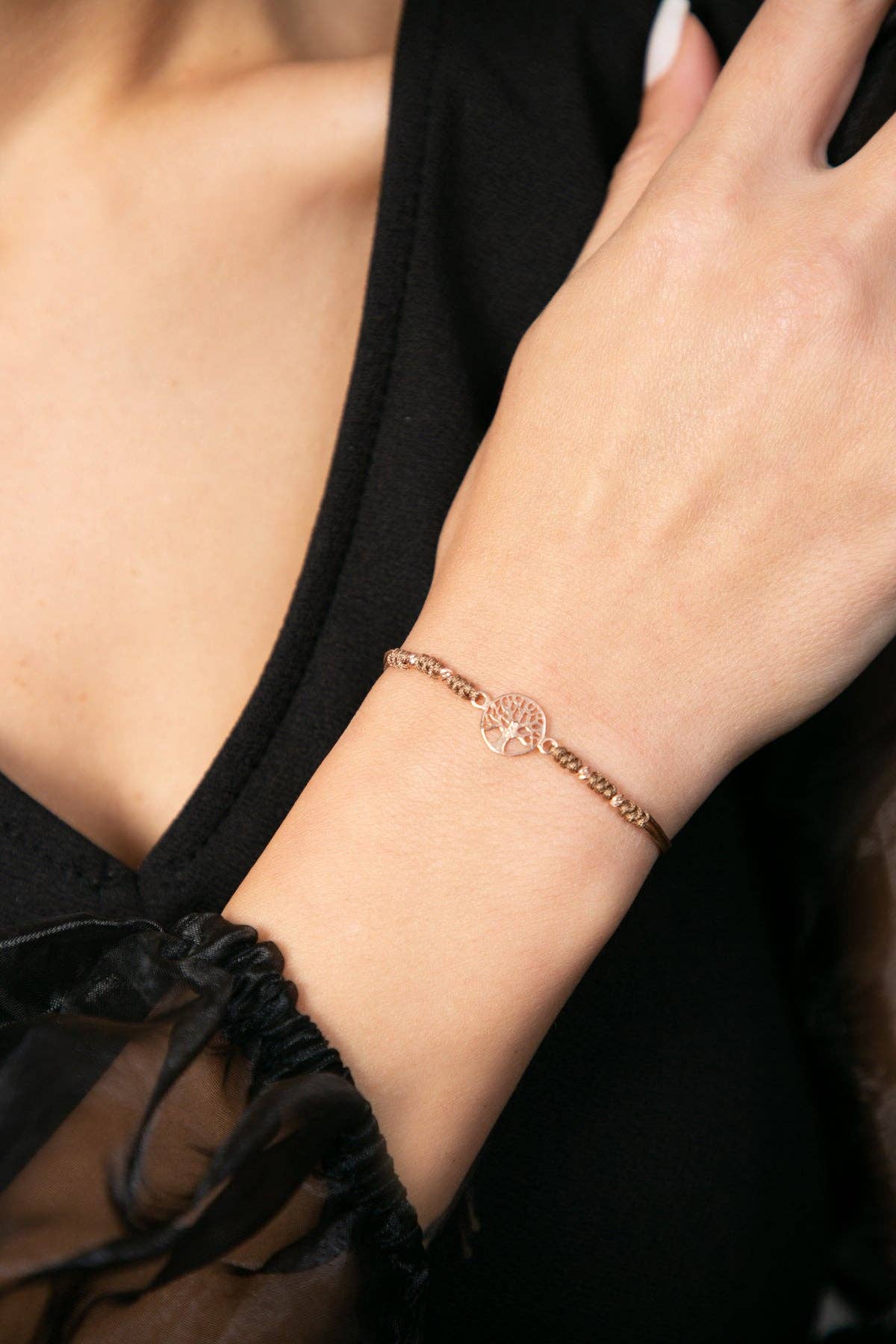 Women's 925 Sterling Silver Tree of Life Bracelet with Cord: GOLD