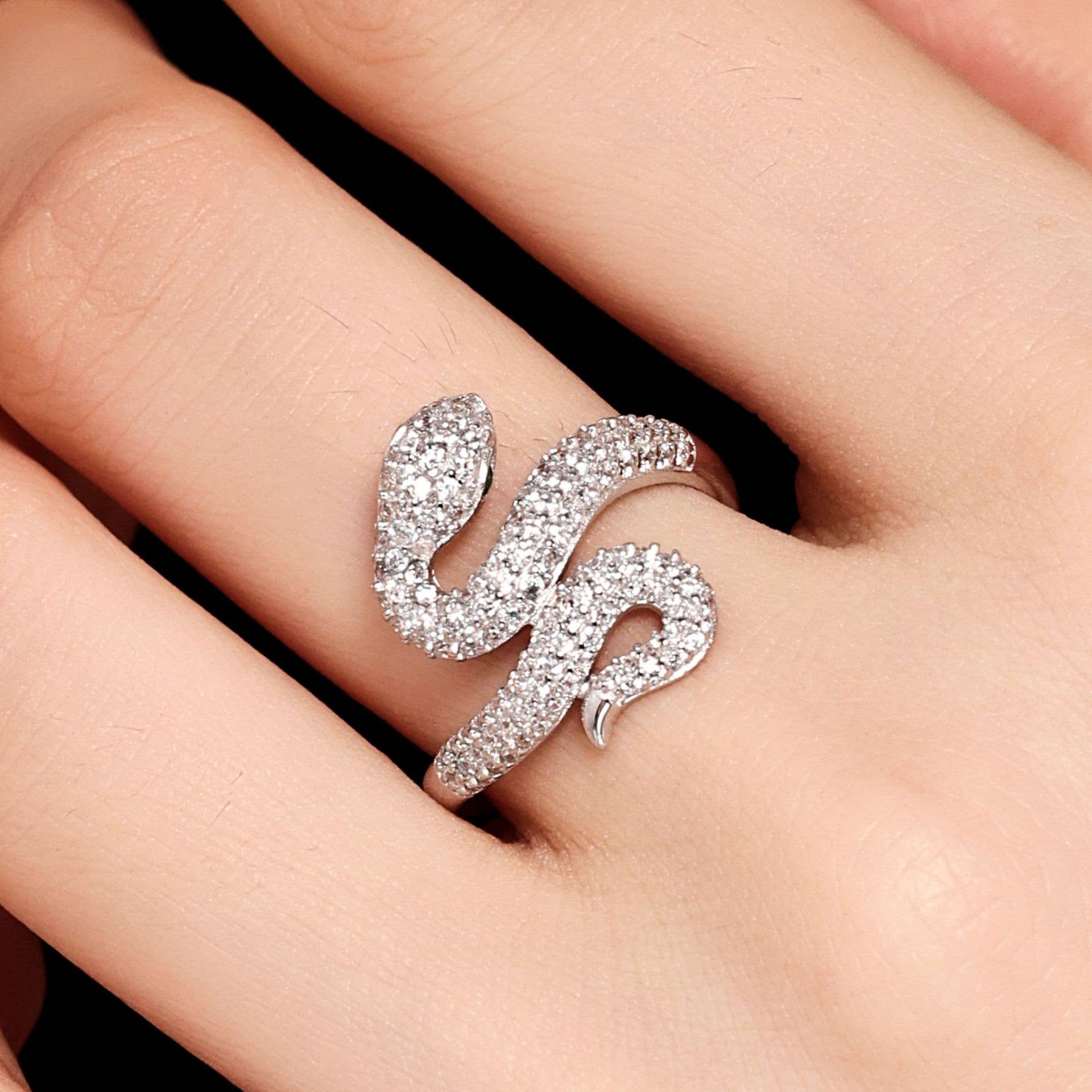 S925 Sterling Silver Snake Green Eye Zircon Ring: Size L 1/2