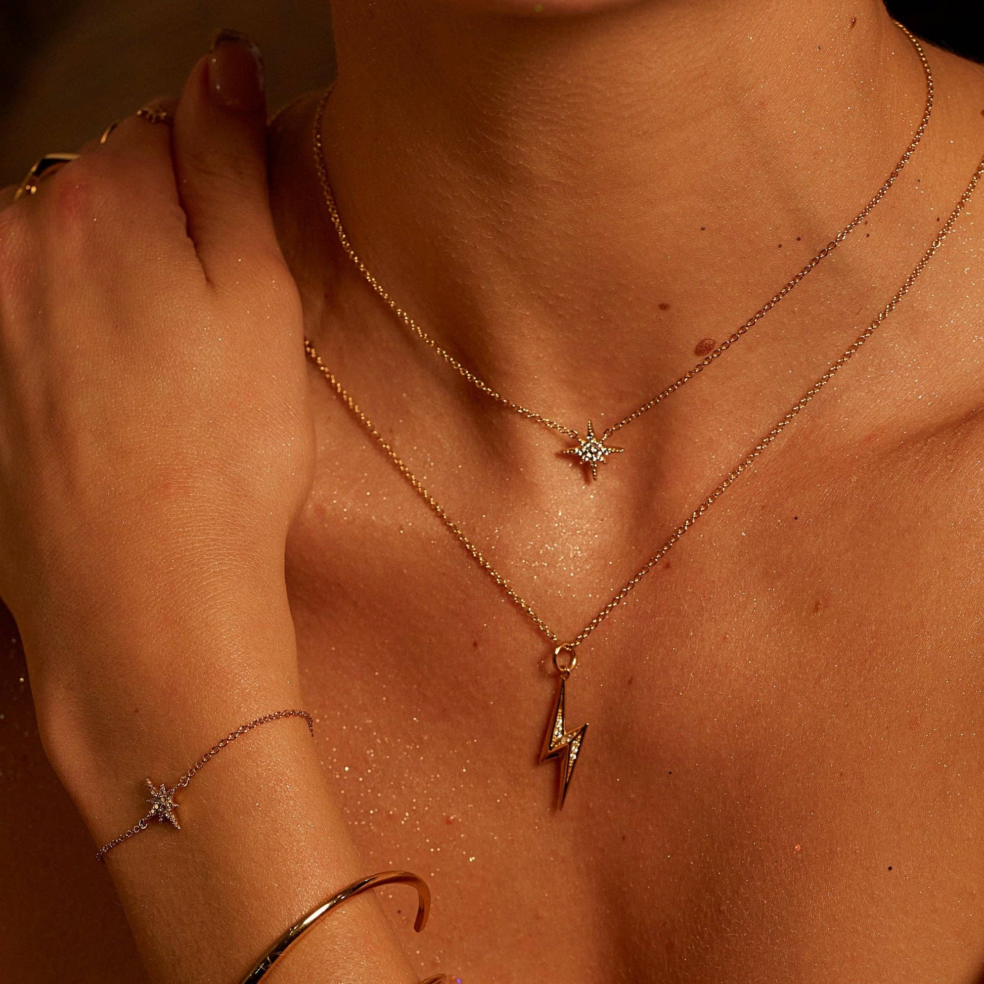 Sparkling Lightning Bolt Necklace with Slider Clasp: 18k Gold Plated