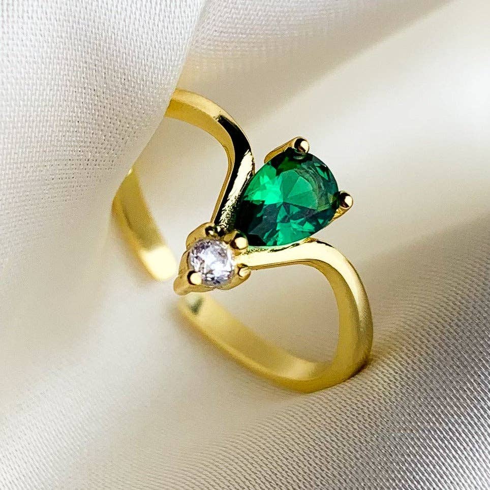Gold with Green and White Crystal Adjustable Ring