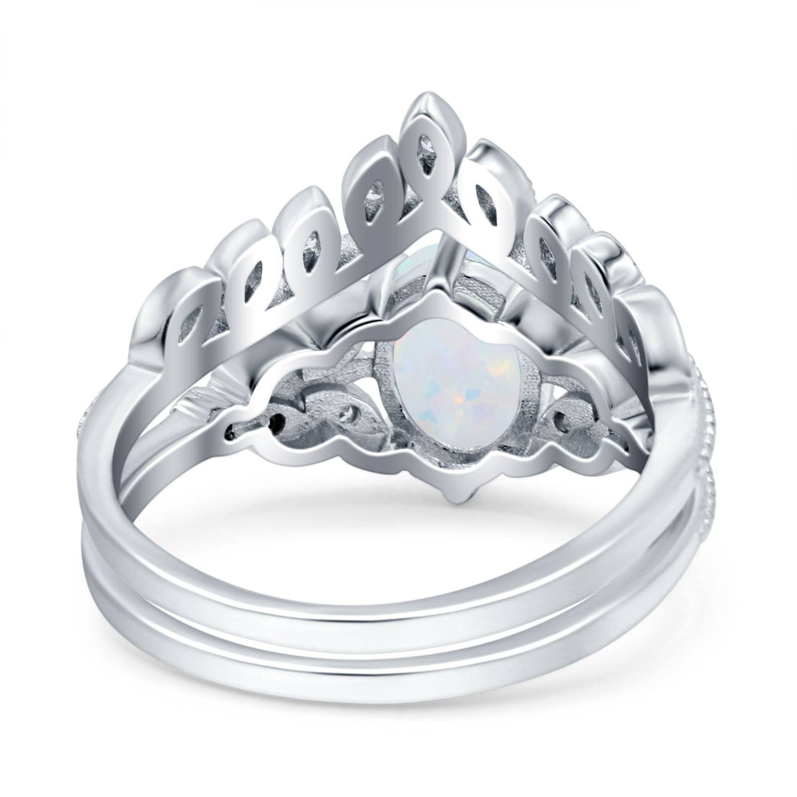 Two Piece Vintage Style Band Oval Lab Created White Opal Wedding Bridal Set Ring: Lab Created White Opal size T