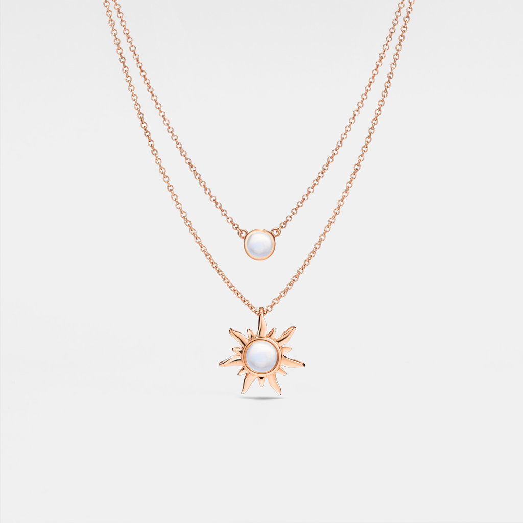 Opal Sun Moon Double Chain Necklace in 925 Sterling Silver: Gold