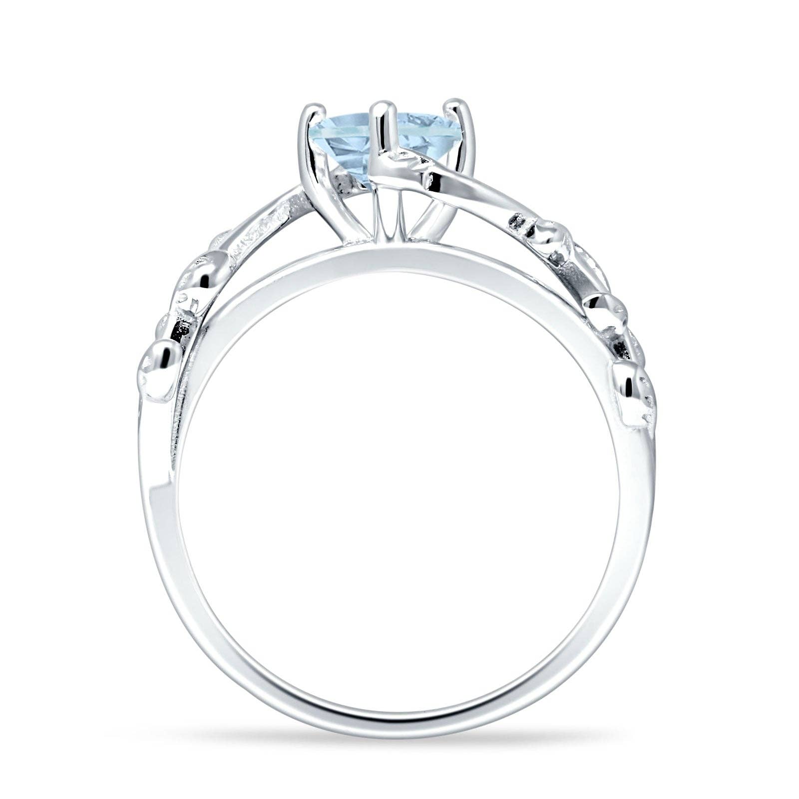 Heart Leaf Art Deco Promise Ring Aquamarine CZ: Aquamarine CZ size I1/2