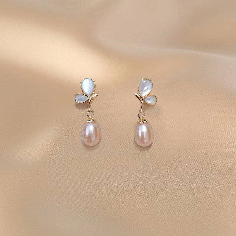 Opal Butterfly Pearl Wedding Earrings in 925 Sterling Silver: Pink