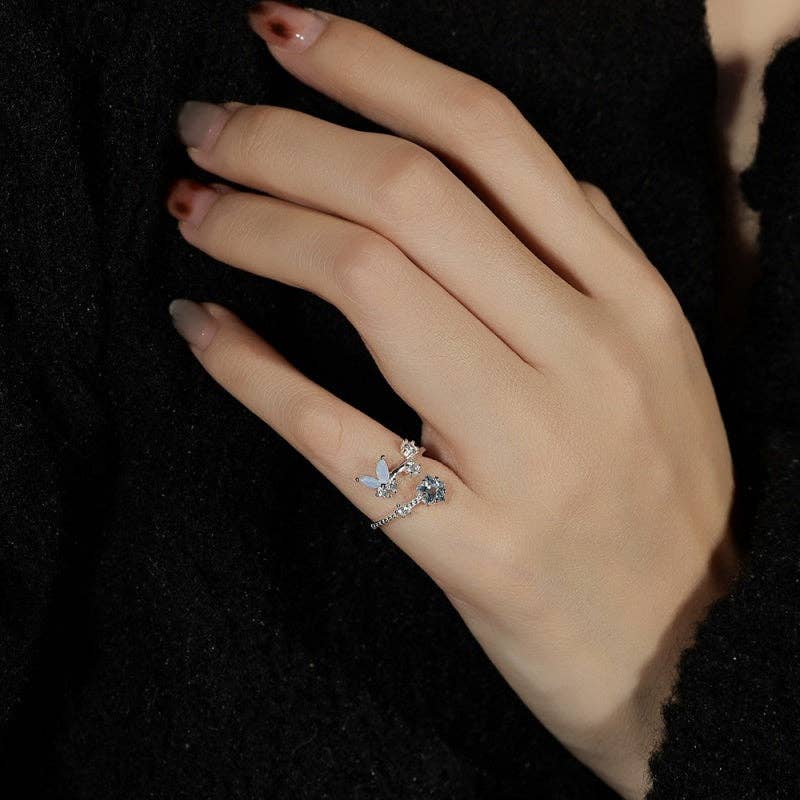Butterfly Star Stacking Bypass Ring in 925 Sterling Silver: Gold / Blue size G