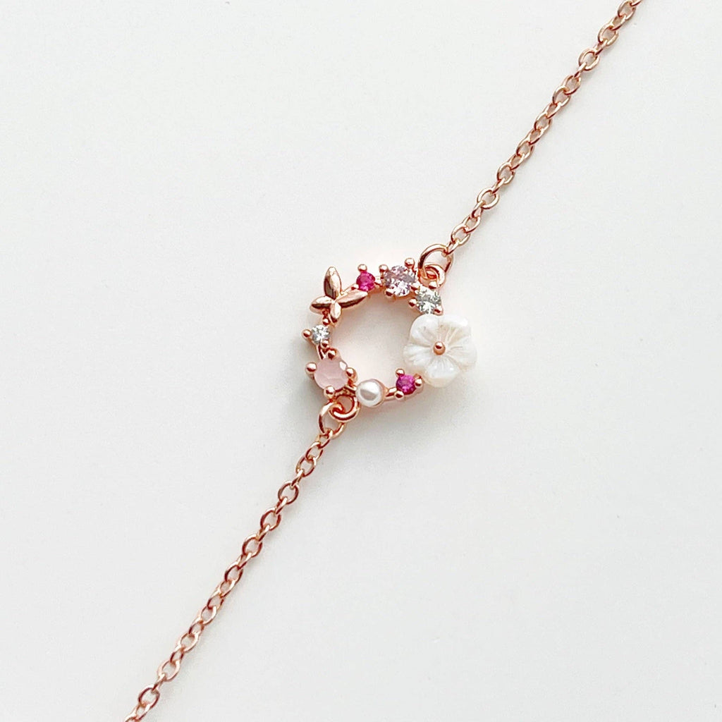 Rose Gold Flower Wreath Bracelet - Adjustable Chain