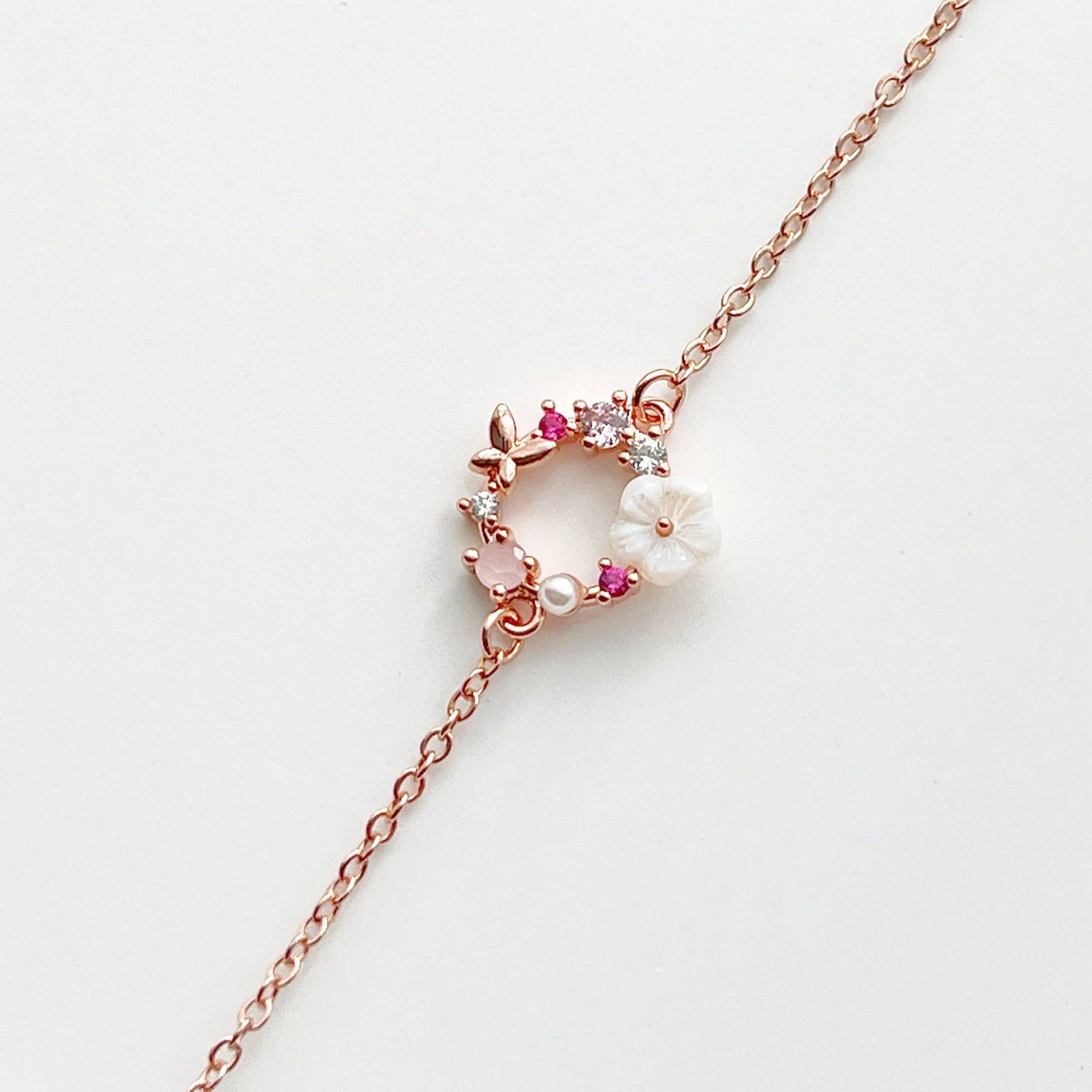 Rose Gold Flower Wreath Bracelet - Adjustable Chain