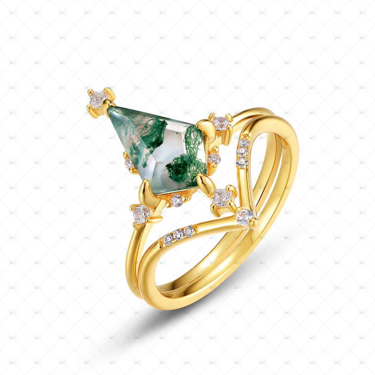 S925 Sterling Silver Diamond Moss Agate Stacking Ring: size L