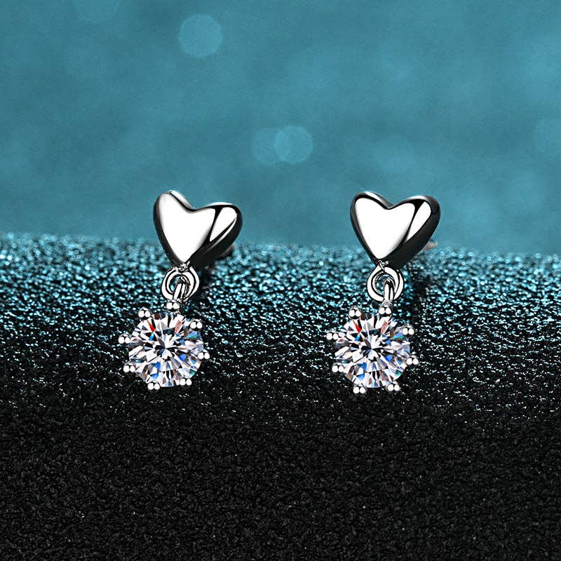 Solitaire Moissanite Heart Earrings in 925 Sterling Silver