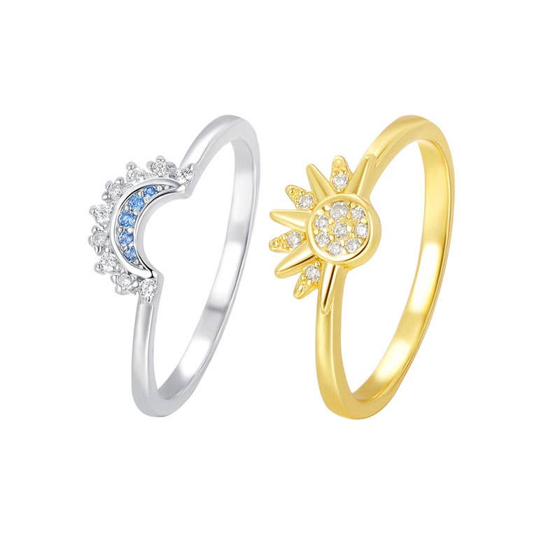 S925 Sterling Silver Micro-Diamond Sun and Moon Couple Ring: Silver size N