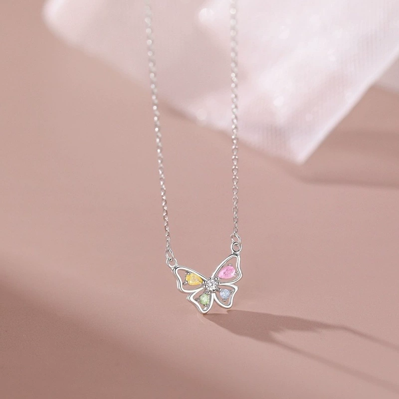 Color CZ Butterfly Pendent Necklace in 925 Sterling Silver: Silver / Sterling silver