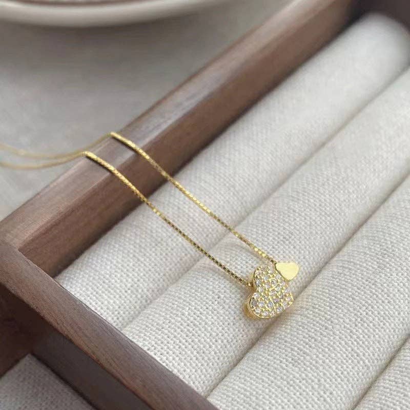 Pave Double Heart Box Chain Necklace in 925 Sterling Silver: Gold