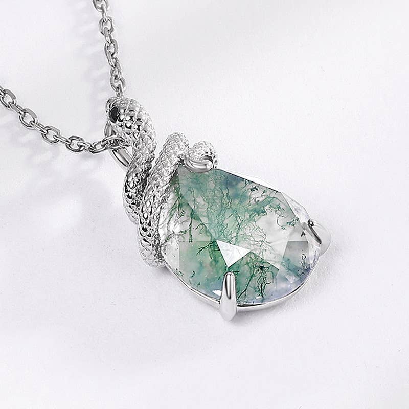 S925 Sterling Silver Snake Coiled Green Moss Stone Necklace: Necklace