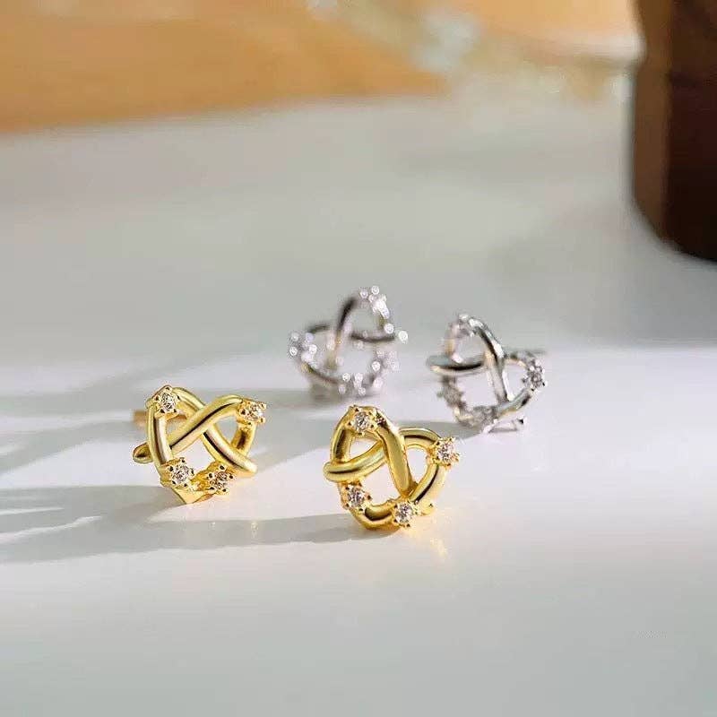 Minimalist Heart Knot Stud Earrings in 925 Sterling Silver: Silver