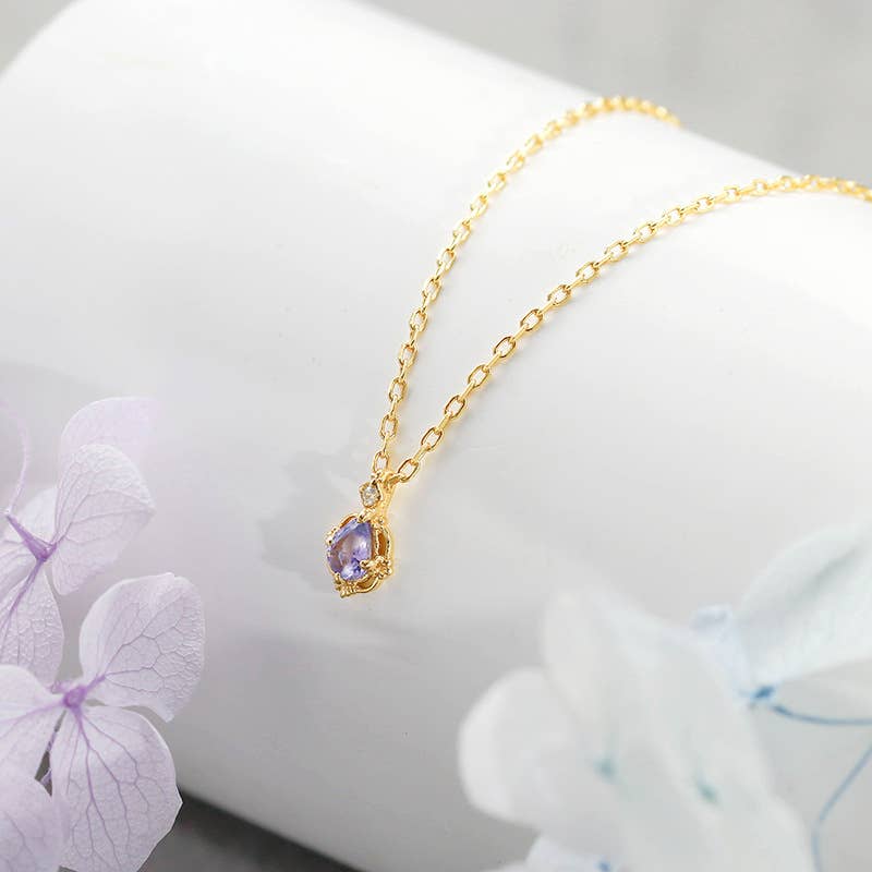 925 Sterling Silver 14K Gold Plated Tanzanite Ring Necklace: Necklace