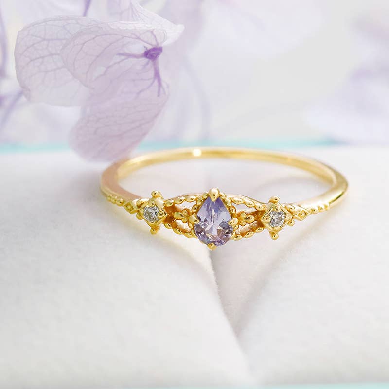 925 Sterling Silver 14K Gold Plated Tanzanite Ring Necklace: Necklace