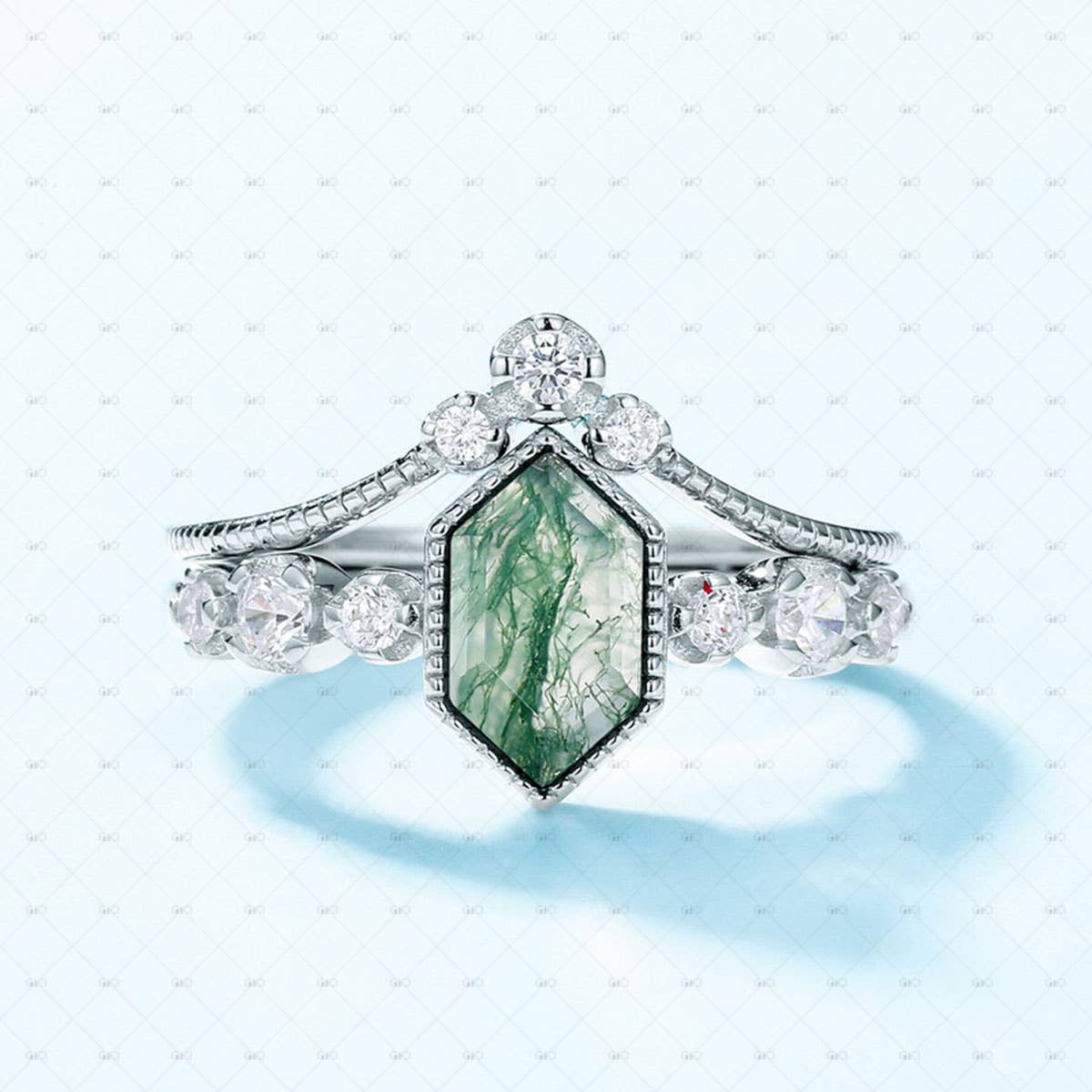 S925 Sterling Silver Hexagonal Moss Agate Stacking Ring: 8 size P