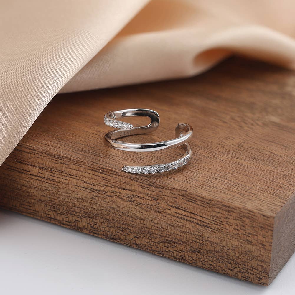 S925 Sterling Silver Zircon Plated 14k Gold Ring: Silver Adjustable size: L and above
