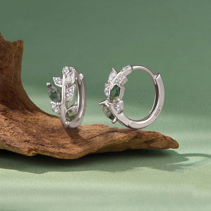 Moss Agate Leaf Branch Hoop Earrings in 925 Sterling Silver