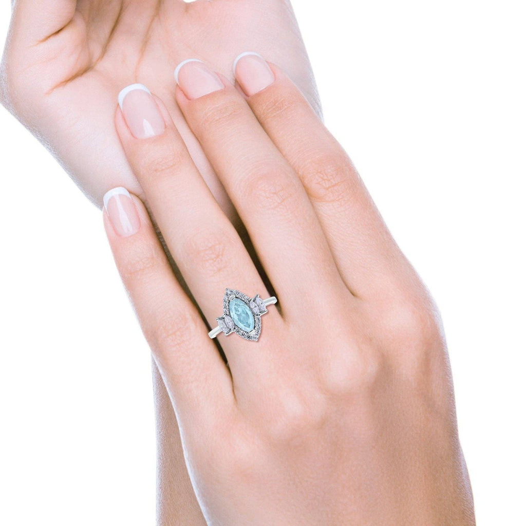Marquise Vintage Wedding Ring Simulated Aquamarine CZ: Simulated Aquamarine CZ size L