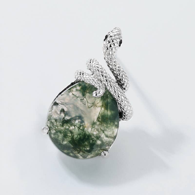 S925 Sterling Silver Snake Coiled Green Moss Stone Necklace: Necklace