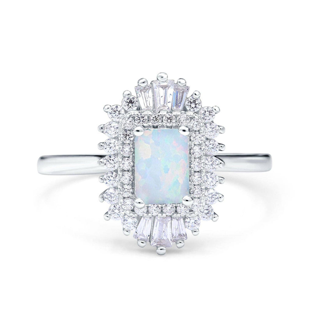 Emerald Cut Vintage Wedding Ring Lab Created White Opal: Lab Created White Opal /j1/2