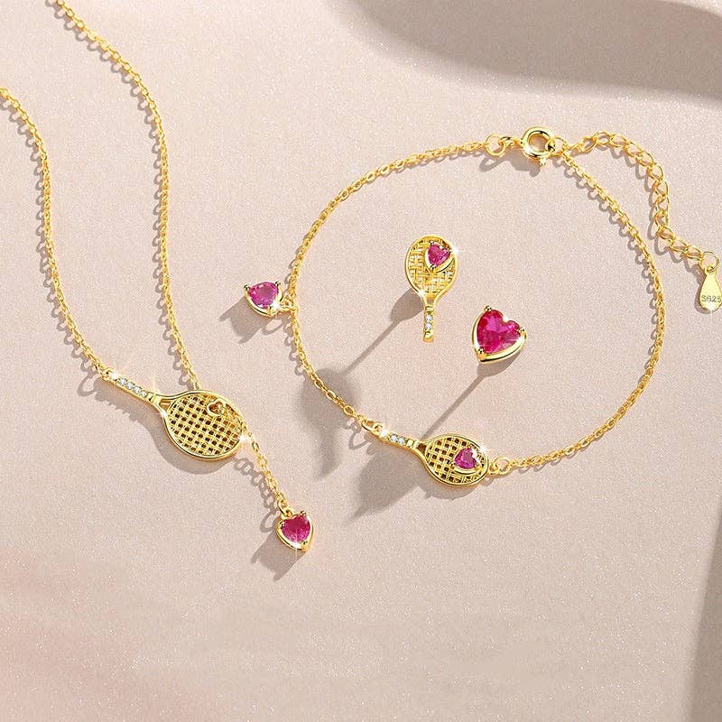 Tennis Racket Pink Heart Earrings in 925 Sterling Silver