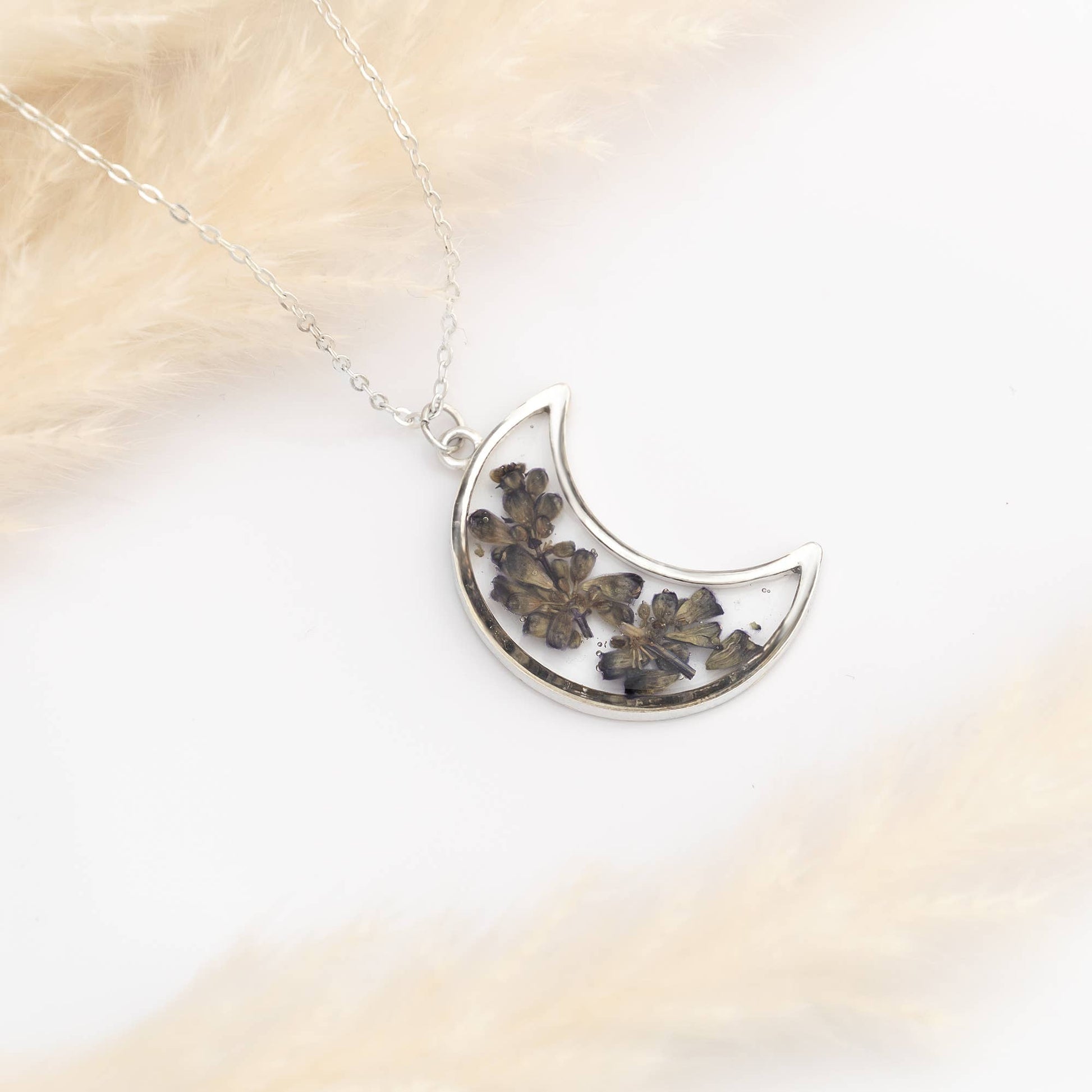 Silver crescent moon necklace with real pressed lavender