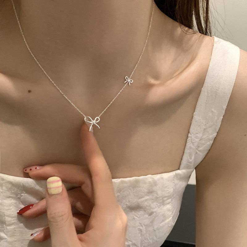 Cute Double Bow Tie Bowknot Necklace in 925 Sterling Silver