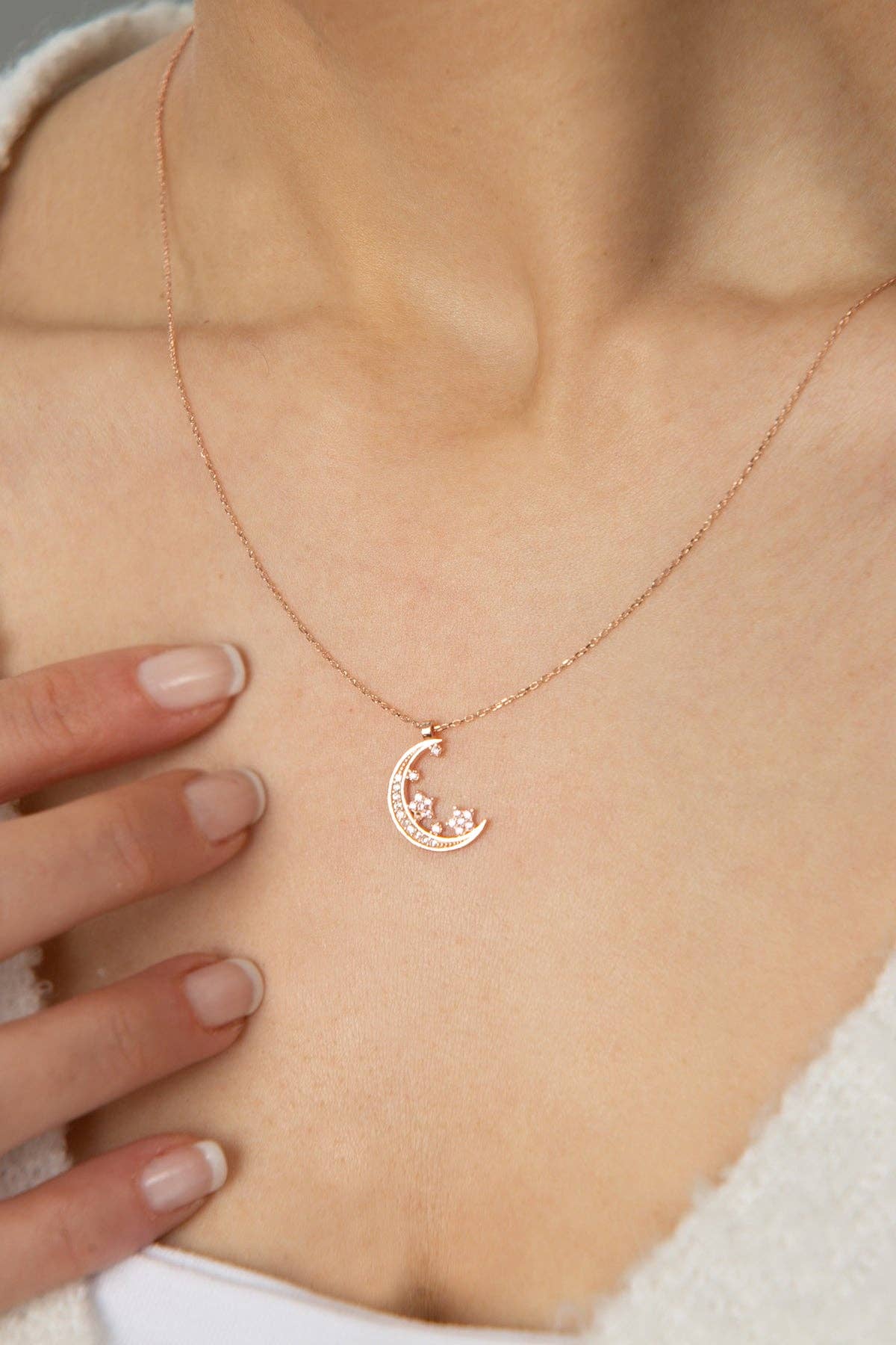 Women's 925 Sterling Silver Stone Moon and Star Necklace: ROSE GOLD