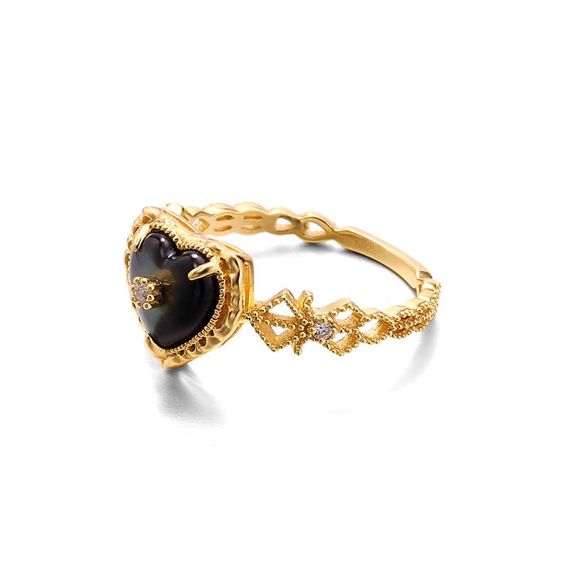 925 Sterling Silver Vintage Black Mother-of-pearl Heart Ring size P